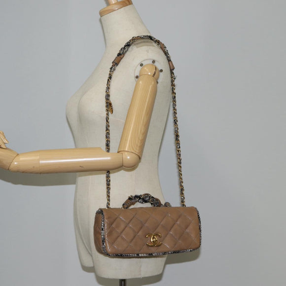 CHANEL Matelasse Chain Shoulder Bag Coated Canvas Beige CC Auth 118136A