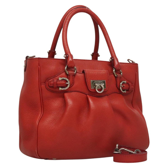 Salvatore Ferragamo Gancini Hand Bag Leather 2way Red Silver Auth 118153