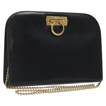Salvatore Ferragamo Gancini Chain Shoulder Bag Leather Black Gold Auth 118161