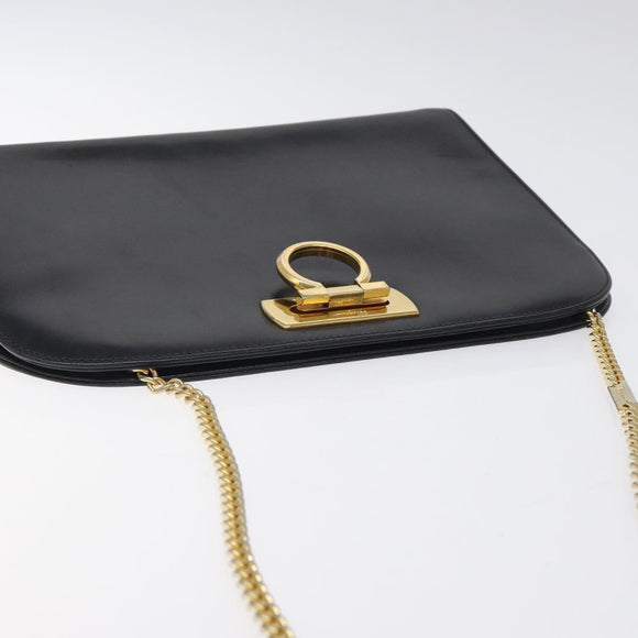 Salvatore Ferragamo Gancini Chain Shoulder Bag Leather Black Gold Auth 118161