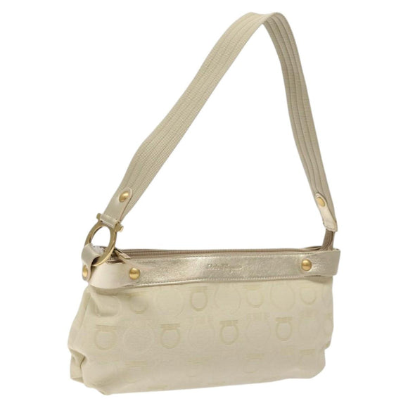 Salvatore Ferragamo Gancini Shoulder Bag Canvas Cream Gold Auth 118190