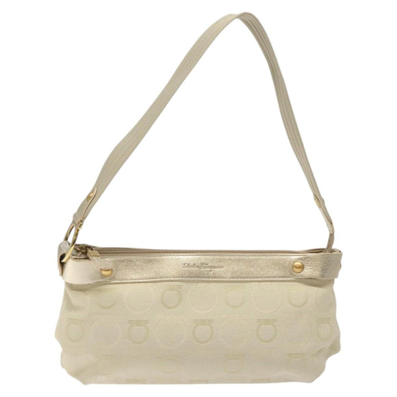 Salvatore Ferragamo Gancini Shoulder Bag Canvas Cream Gold Auth 118190