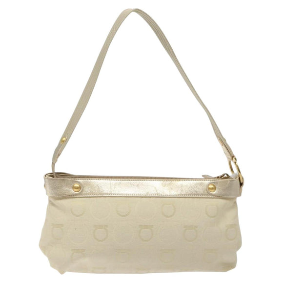 Salvatore Ferragamo Gancini Shoulder Bag Canvas Cream Gold Auth 118190