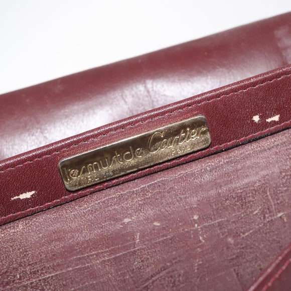 CARTIER Must Line Shoulder Bag Leather Wine Red Gold Auth 118206