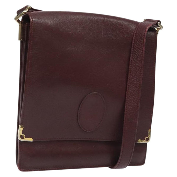 CARTIER Must Line Shoulder Bag Leather Wine Red Gold Auth 118206