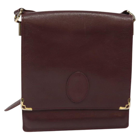 CARTIER Must Line Shoulder Bag Leather Wine Red Gold Auth 118206