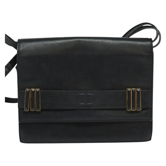 VALENTINO Shoulder Bag Leather Navy Gold Auth 118235