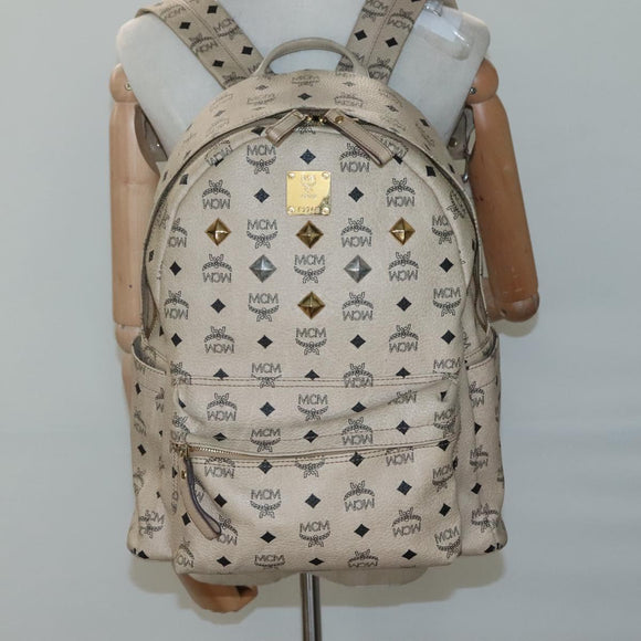 MCM Logogram Vicetos Backpack PVC Leather Beige Gold Auth 118249