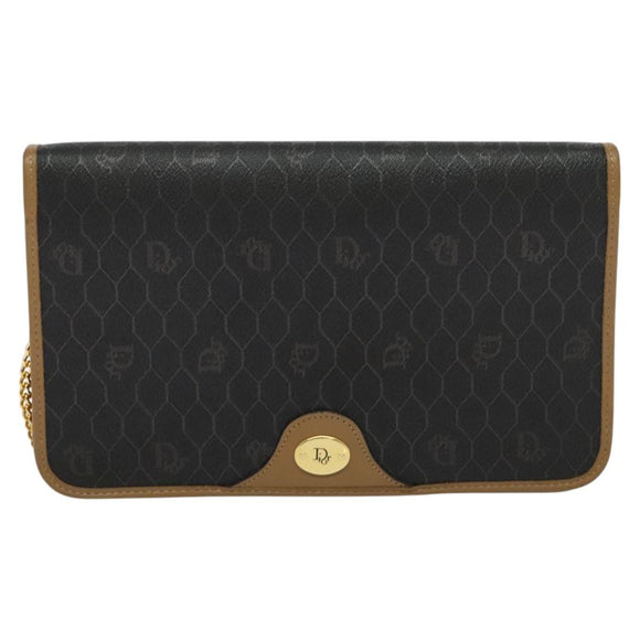 Christian Dior Honeycomb Canvas Chain Bag PVC Leather Black Gold Auth 118277