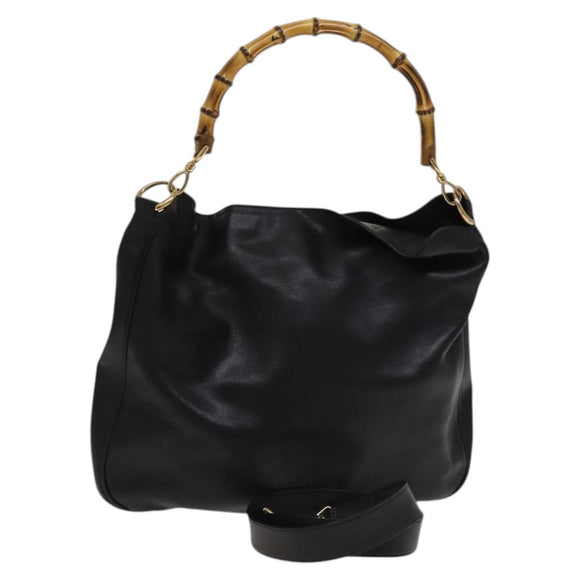 GUCCI Bamboo Hand Bag Leather Black Gold 001 2058 1577 0 Auth 118294