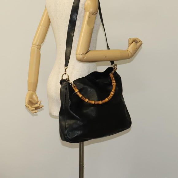 GUCCI Bamboo Hand Bag Leather Black Gold 001 2058 1577 0 Auth 118294