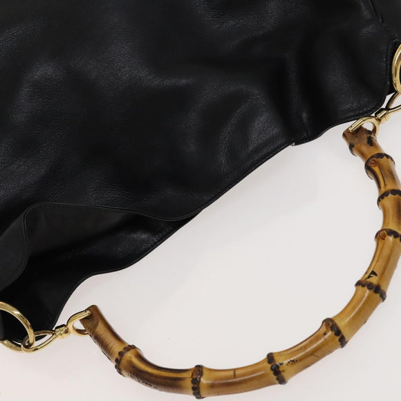 GUCCI Bamboo Hand Bag Leather Black Gold 001 2058 1577 0 Auth 118294