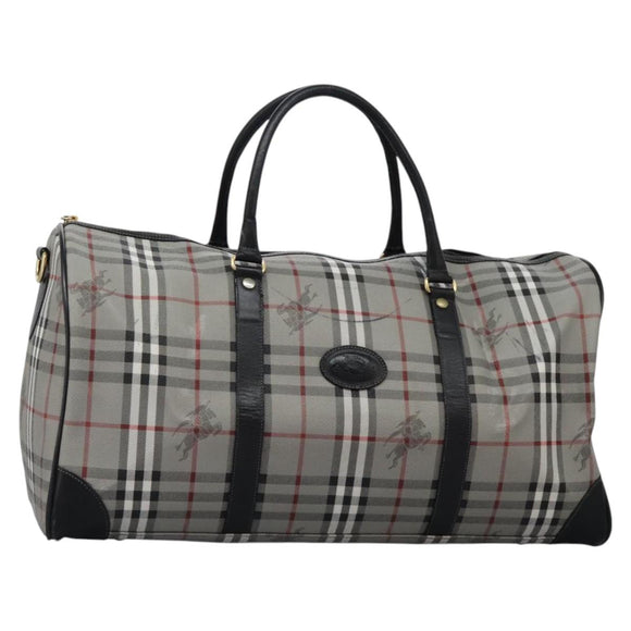 Burberrys Nova Check Boston Bag PVC Gray Gold Auth 118312