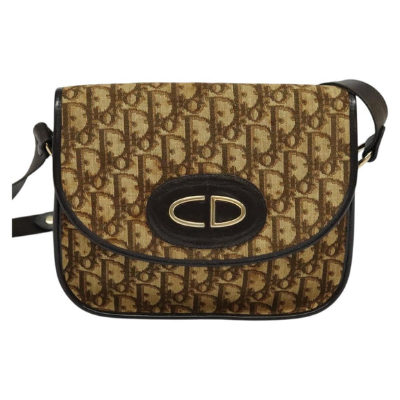 Christian Dior Trotter Canvas Shoulder Bag Brown Gold Auth 118335