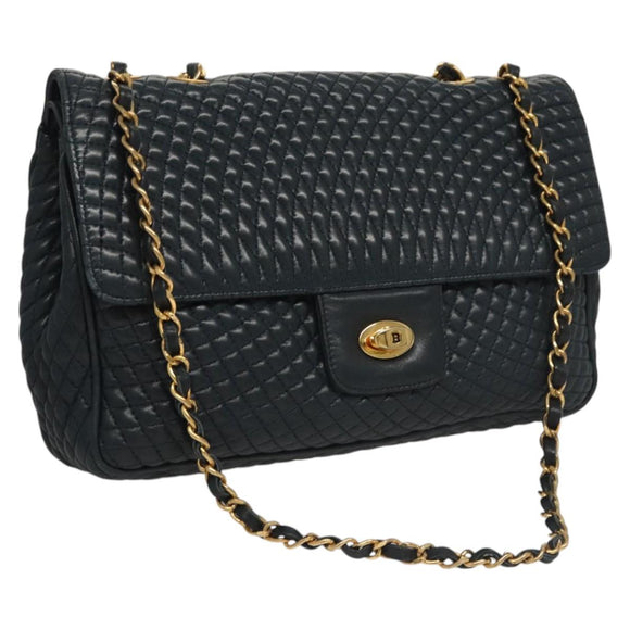 BALLY Chain Shoulder Bag Leather Navy Gold Auth 118337