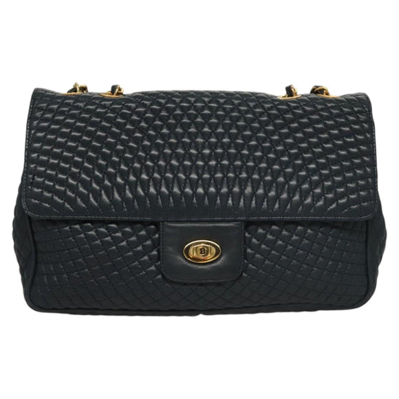 BALLY Chain Shoulder Bag Leather Navy Gold Auth 118337