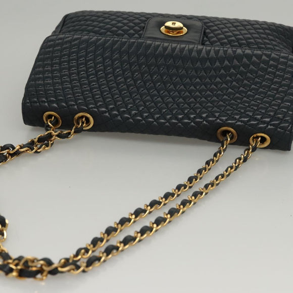 BALLY Chain Shoulder Bag Leather Navy Gold Auth 118337