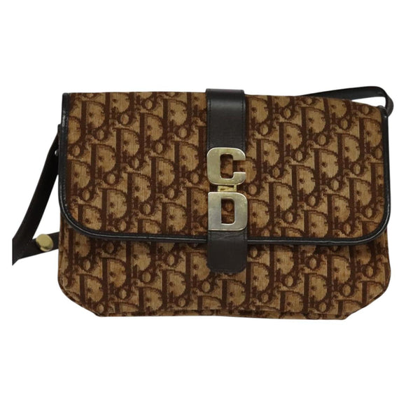 Christian Dior Trotter Canvas Shoulder Bag Brown Gold Auth 118343