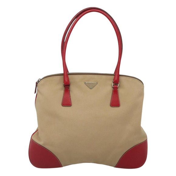 PRADA Hand Bag Canvas Beige Silver Auth 118360