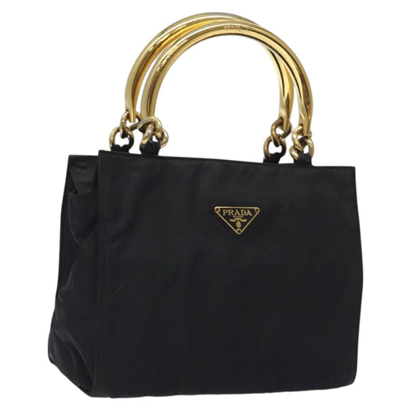 PRADA Hand Bag Nylon Black Gold Auth 118361