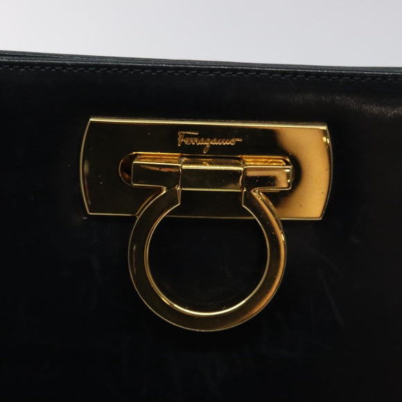 Salvatore Ferragamo Gancini Chain Shoulder Bag Leather Navy Gold Auth 118367