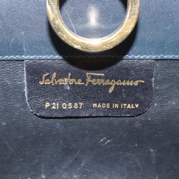 Salvatore Ferragamo Gancini Chain Shoulder Bag Leather Navy Gold Auth 118367