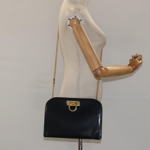Salvatore Ferragamo Gancini Chain Shoulder Bag Leather Navy Gold Auth 118367