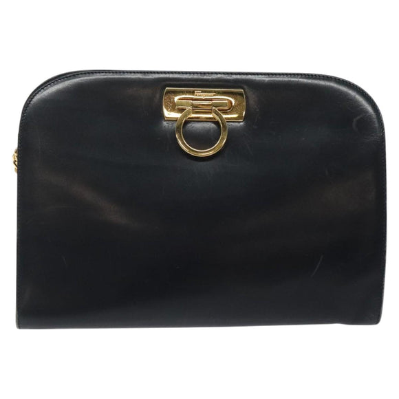 Salvatore Ferragamo Gancini Chain Shoulder Bag Leather Navy Gold Auth 118367