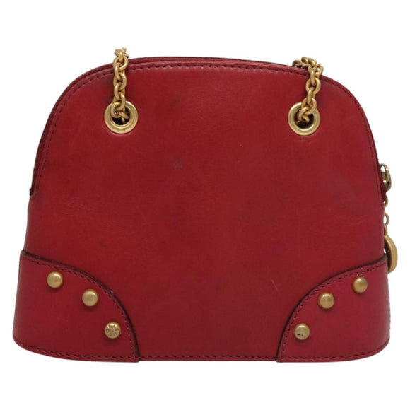 CELINE Chain Shoulder Bag Leather Red Gold Auth 118372