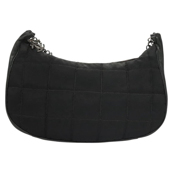 CHANEL Choco Bar Chain Shoulder Bag Nylon Black Silver CC Auth 118385