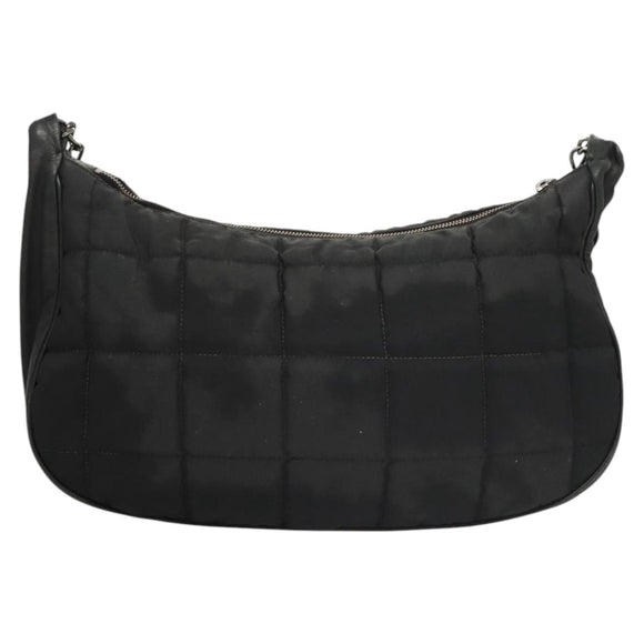 CHANEL Choco Bar Chain Shoulder Bag Nylon Black Silver CC Auth 118385