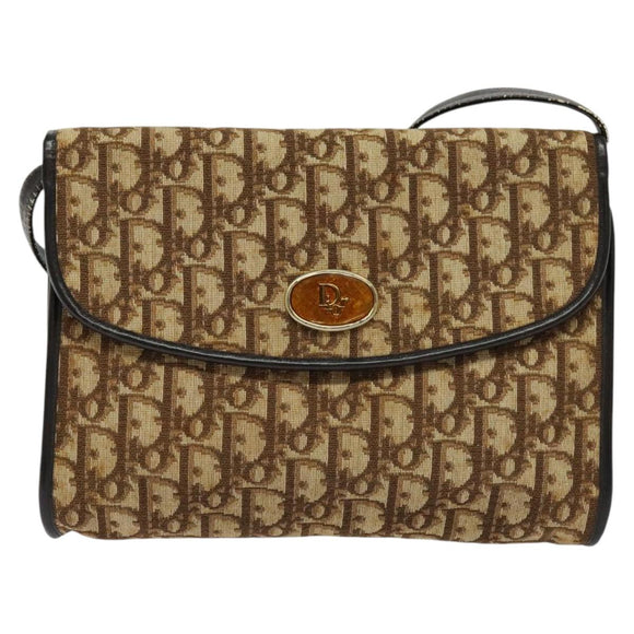 Christian Dior Trotter Canvas Shoulder Bag Brown Gold Auth 118537