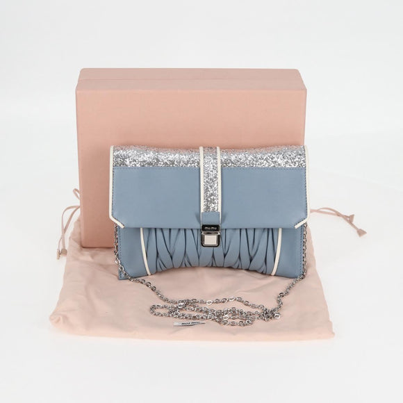 Miu Miu Matelasse Chain Shoulder Bag Leather Light Blue Silver Auth 118556M