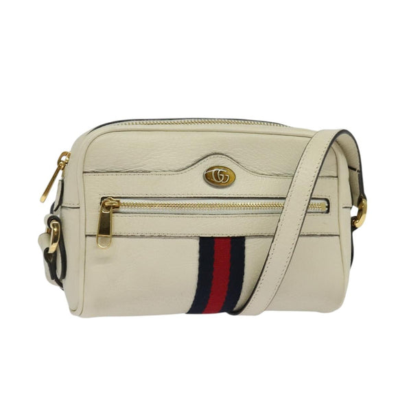 GUCCI Sherry Line Shoulder Bag Leather White Red Navy 517350 Auth 118604
