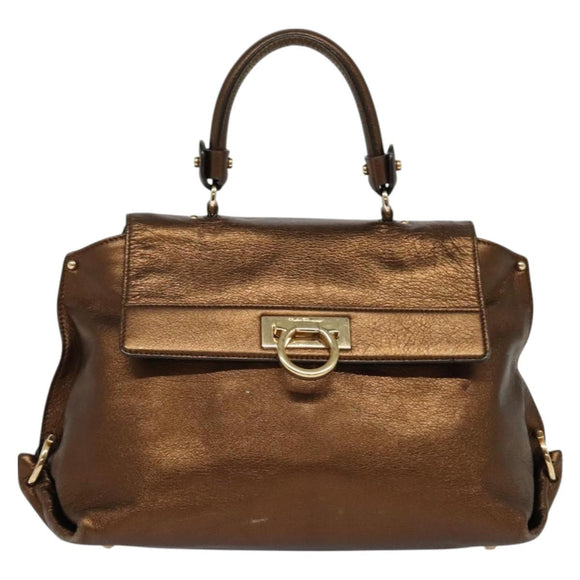 Salvatore Ferragamo Gancini Sofia Hand Bag Leather 2way Brown Gold Auth 118607