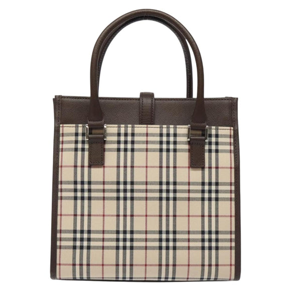 BURBERRY Nova Check Hand Bag Canvas Beige Silver Auth 118612