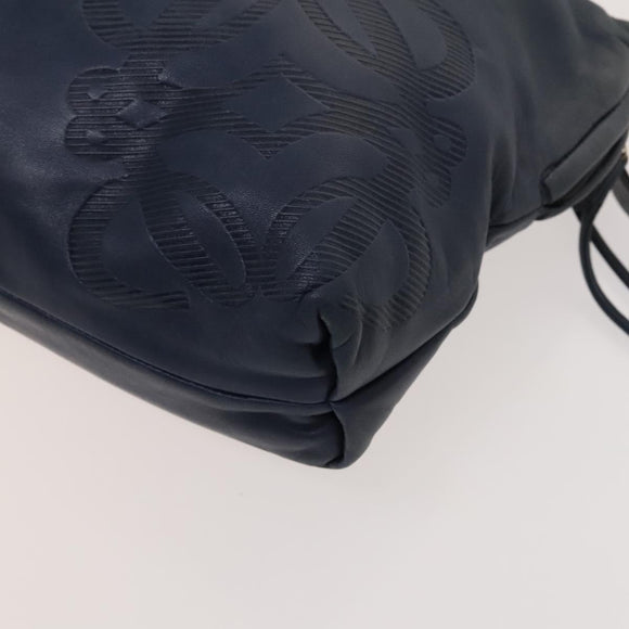 LOEWE Anagram Shoulder Bag Leather Navy Gold Auth 118642