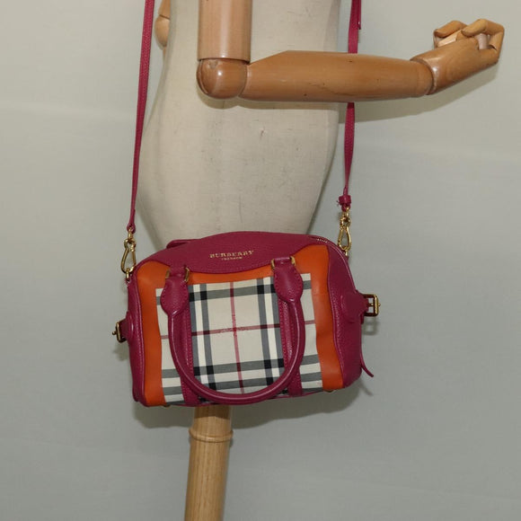 BURBERRY Nova Check Hand Bag Canvas 2way Beige Gold Auth 118645