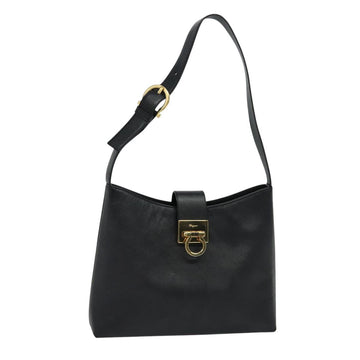 Salvatore Ferragamo Gancini Shoulder Bag Leather Black Gold Auth 118667