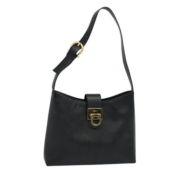 Salvatore Ferragamo Gancini Shoulder Bag Leather Black Gold Auth 118667