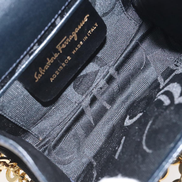 Salvatore Ferragamo Gancini Chain Shoulder Bag Leather Black Gold Auth 118668