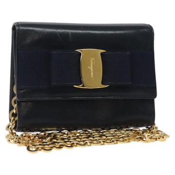 Salvatore Ferragamo Gancini Chain Shoulder Bag Leather Black Gold Auth 118668