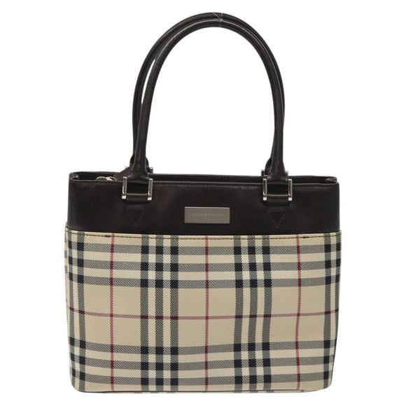 BURBERRY Nova Check Hand Bag Canvas Beige Silver Auth 118670