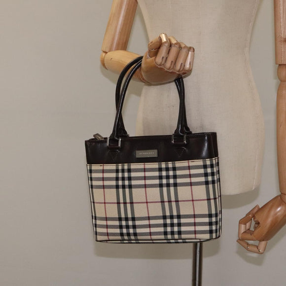 BURBERRY Nova Check Hand Bag Canvas Beige Silver Auth 118670