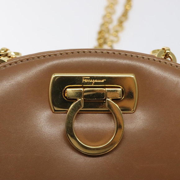 Salvatore Ferragamo Chain Gancini Shoulder Bag Leather Brown Gold Auth 118681