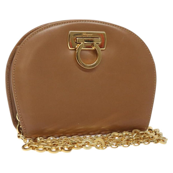 Salvatore Ferragamo Chain Gancini Shoulder Bag Leather Brown Gold Auth 118681