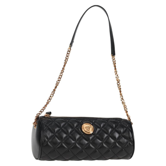 VERSACE Chain Shoulder Bag Leather Black Gold Auth 118687A