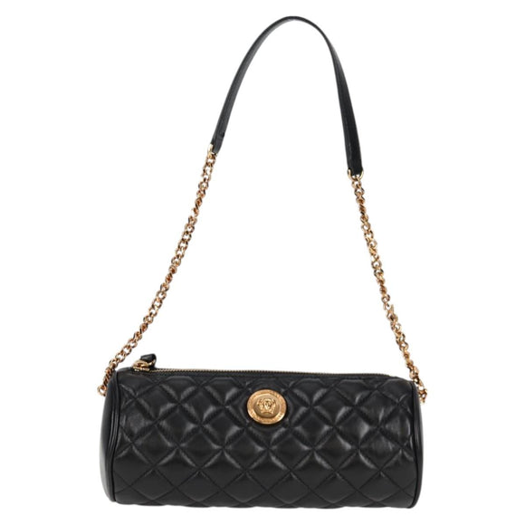 VERSACE Chain Shoulder Bag Leather Black Gold Auth 118687A