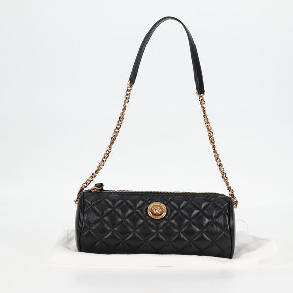 VERSACE Chain Shoulder Bag Leather Black Gold Auth 118687A