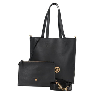 VERSACE Tote Bag Leather 2way Black Gold Auth 118688A